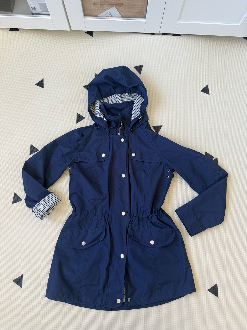 Michael Kors Navy Hooded Raincoat with Striped Lining